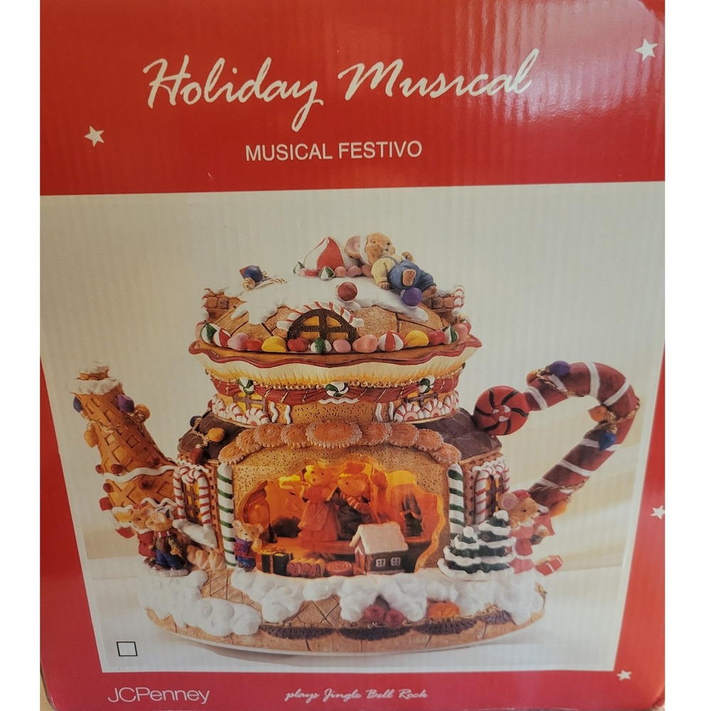 Vtg JCPenney Holiday Musical Teapot Rotating Bears Light Up Christmas Decor 12"